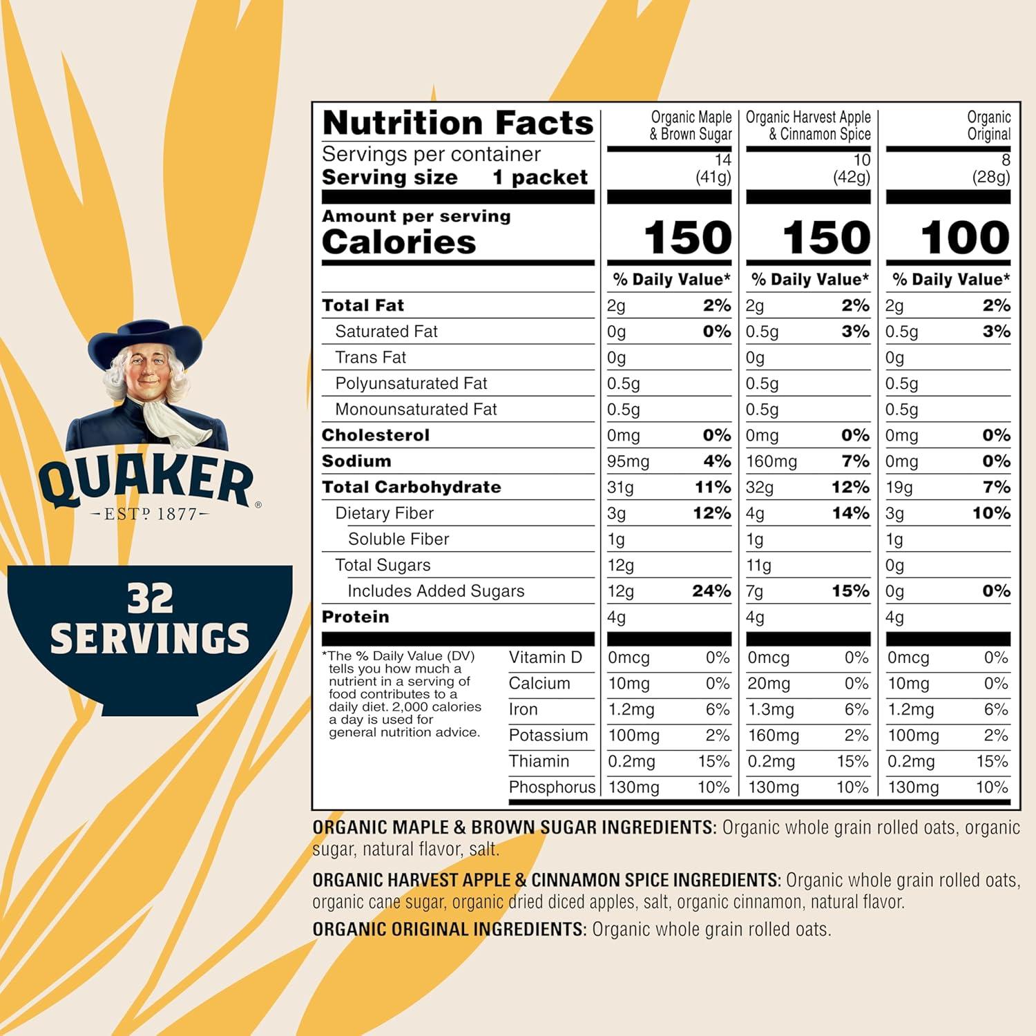 image:imageQUAKER Instant Oatmeal USDA Organic NonGMO Project Verified 3 Flavor Variety Pack Individual Packets 32 Count Pack of 1Organic 3 Flavor Variety Pack