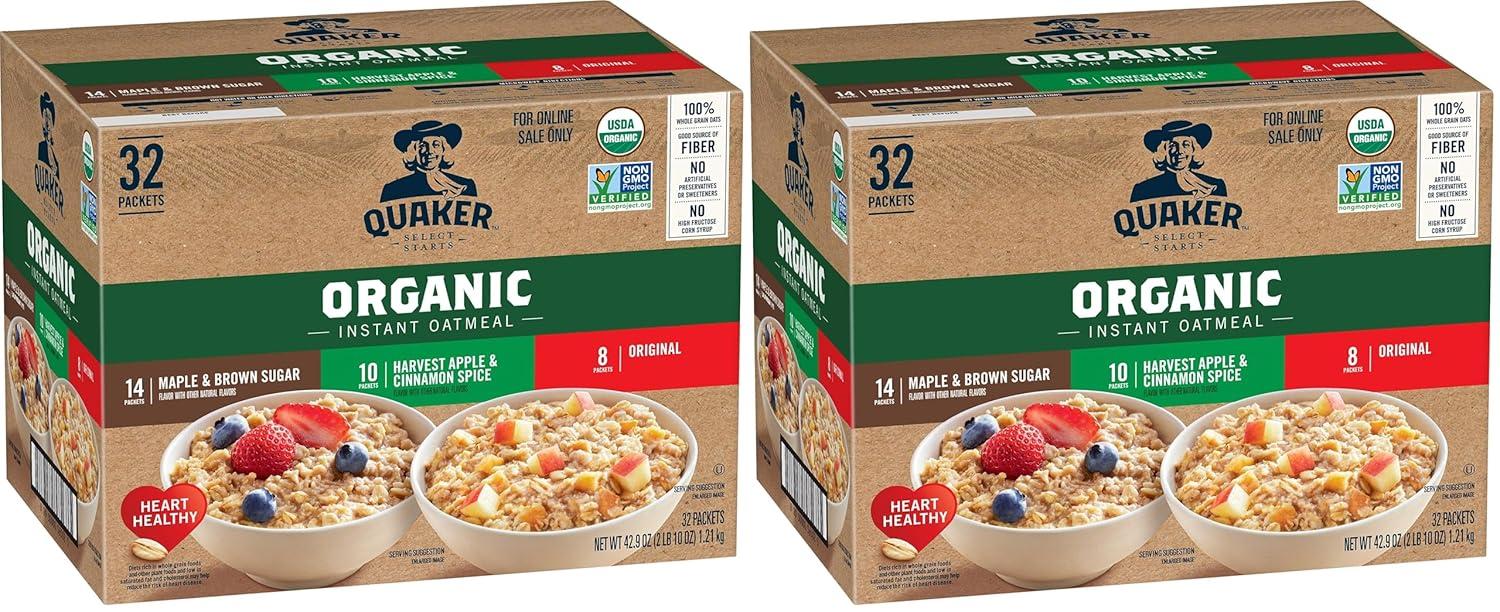 image:imageQUAKER Instant Oatmeal USDA Organic NonGMO Project Verified 3 Flavor Variety Pack Individual Packets 32 Count Pack of 1Organic 3 Flavor Variety Pack