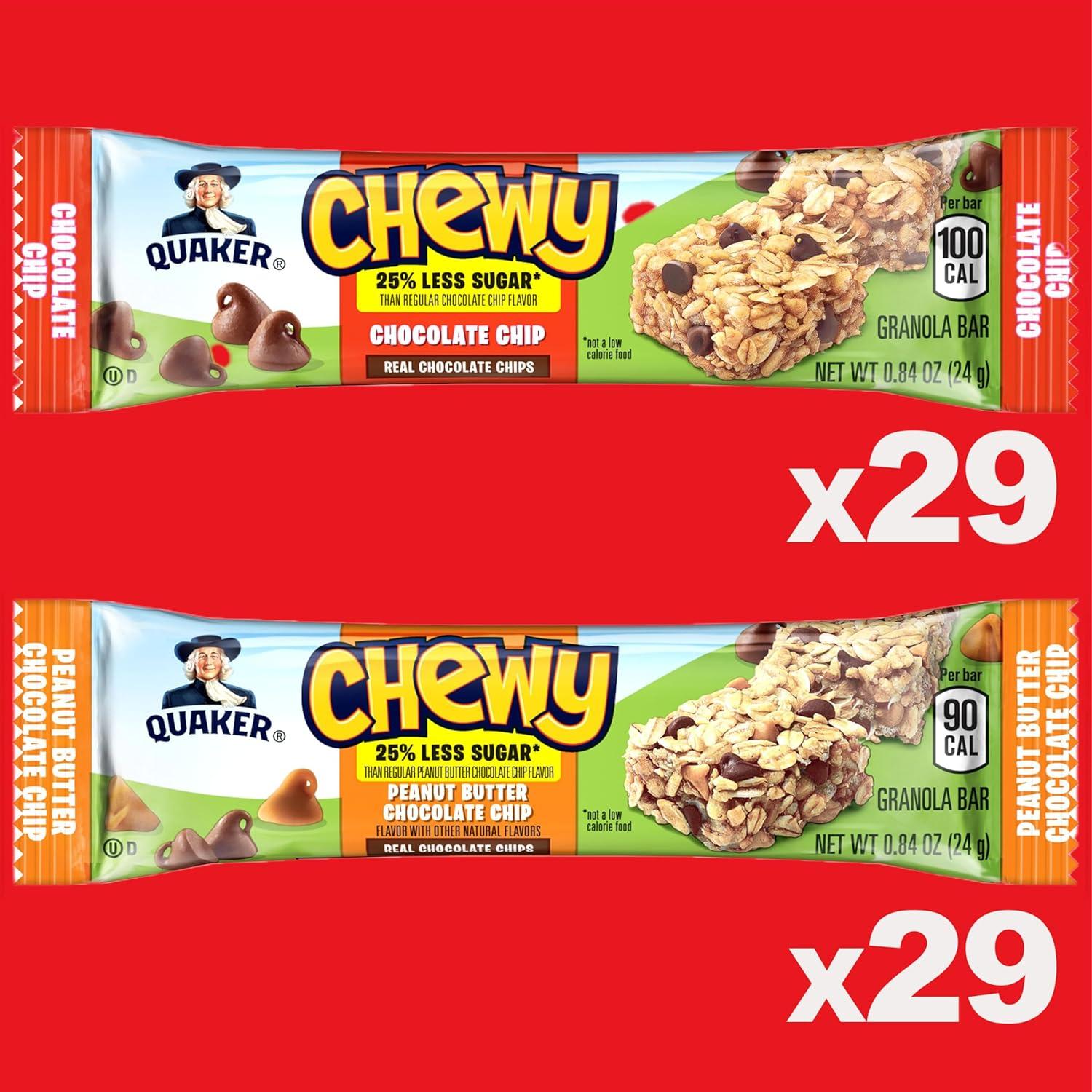 image:imageQuaker Chewy Granola Bars Peanut Butter Chocolate Chip 58 CountLess Sugar 2 Flavor Variety Pack 58ct