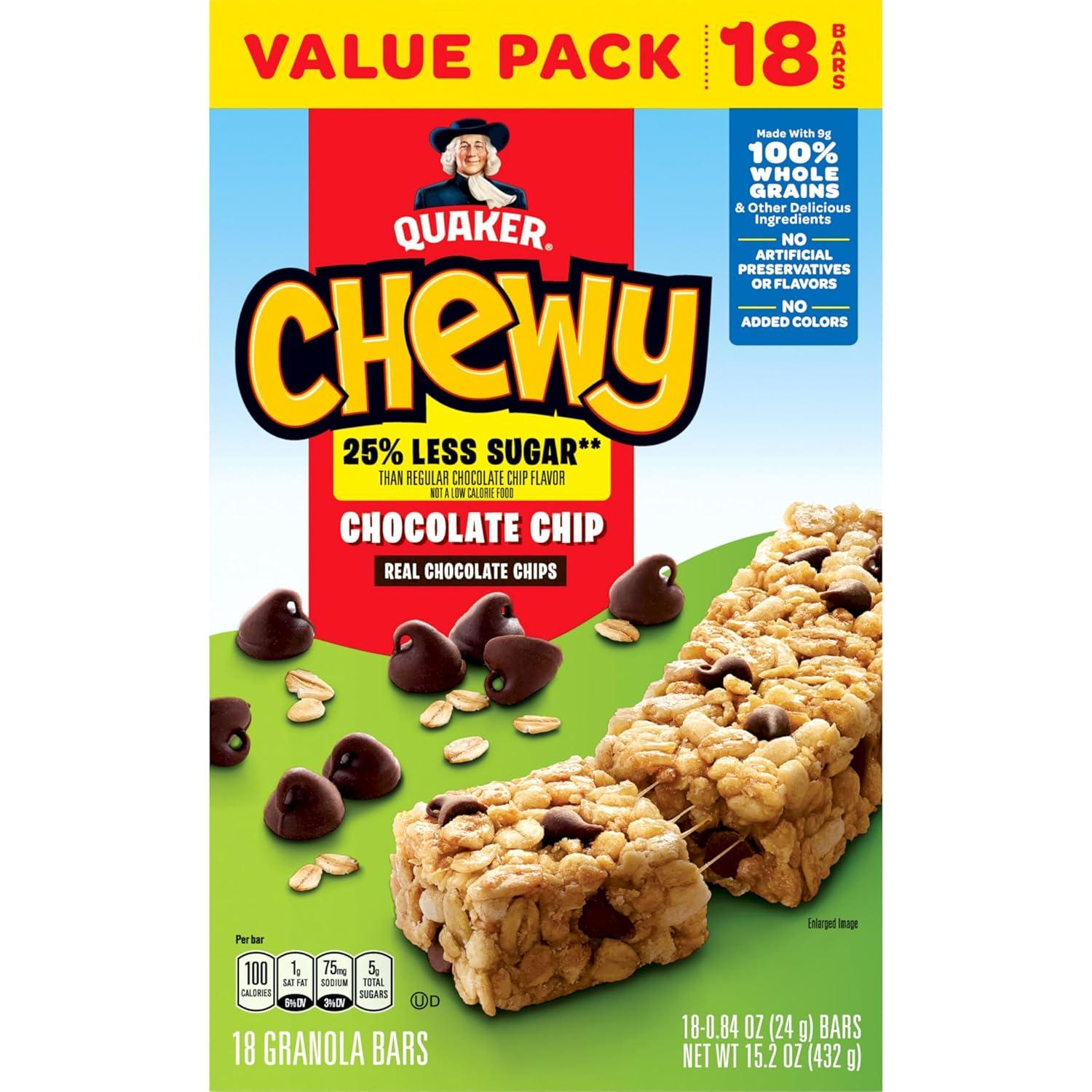 image:imageQuaker Chewy Granola Bars Reduced Sugar Chocolate Chip 18 Pack