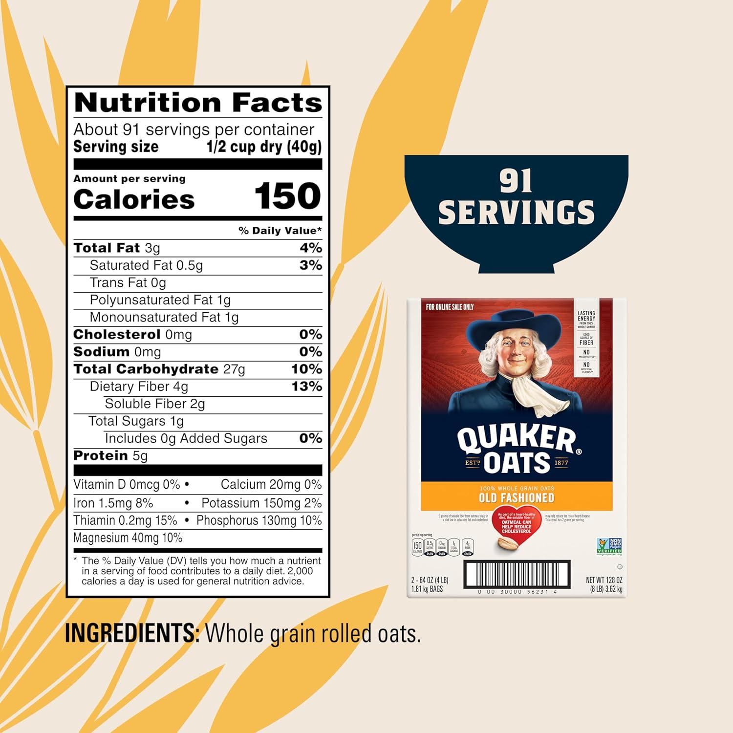 image:imageQuaker Old Fashioned Rolled Oats Non GMO Project Verified Two 64oz Bags in Box 90 Servings 4 Pound Pack of 2Quaker Old Fashioned