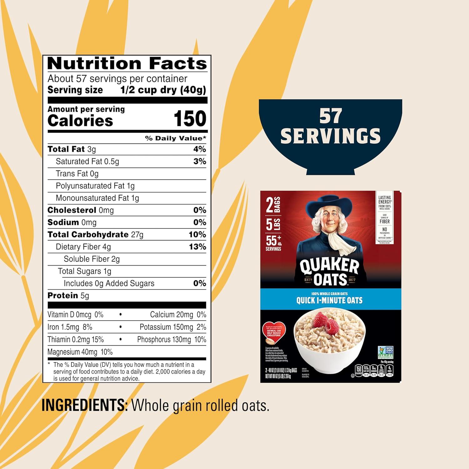 image:imageQuaker Old Fashioned Rolled Oats Non GMO Project Verified Two 64oz Bags in Box 90 Servings 4 Pound Pack of 2Quaker Quick 1Minute Oatmeal