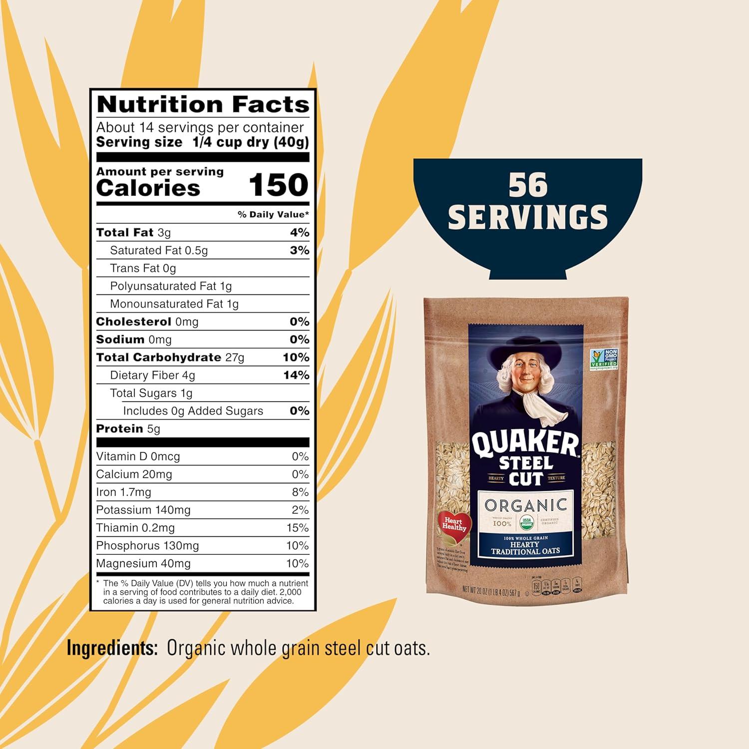 image:imageQuaker Organic Quick Cook Oatmeal Breakfast Cereal NonGMO Project Verified 24 OzPack of 4Steel cut Oats