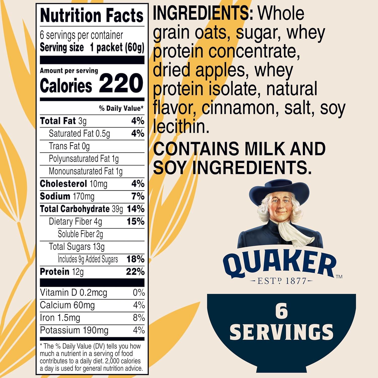 image:imageQuaker Protein Instant Oatmeal Apple Cinnamon 12g Protein per Serving Whole Grains No Artificial Flavors No Added Colors 211 oz Packets 6 Pack