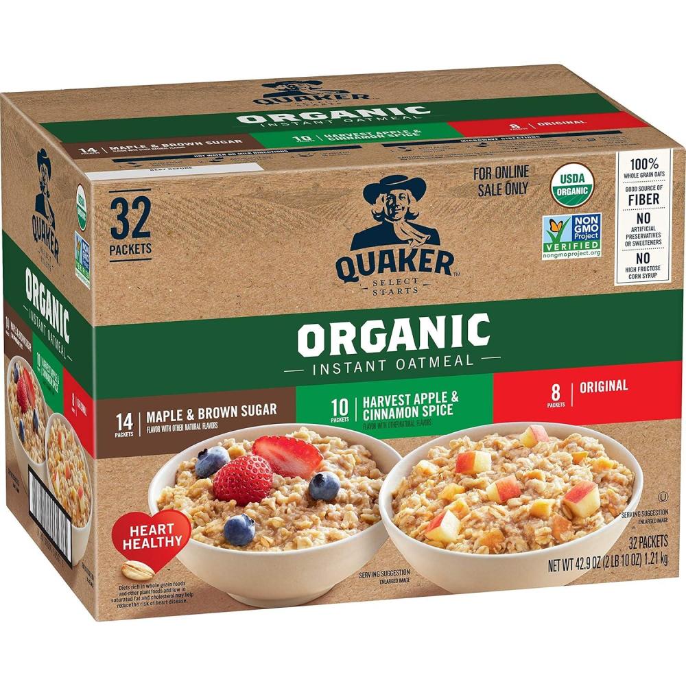 image:imageQUAKER Instant Oatmeal USDA Organic NonGMO Project Verified 3 Flavor Variety Pack Individual Packets 32 Count Pack of 1Organic 3 Flavor Variety Pack