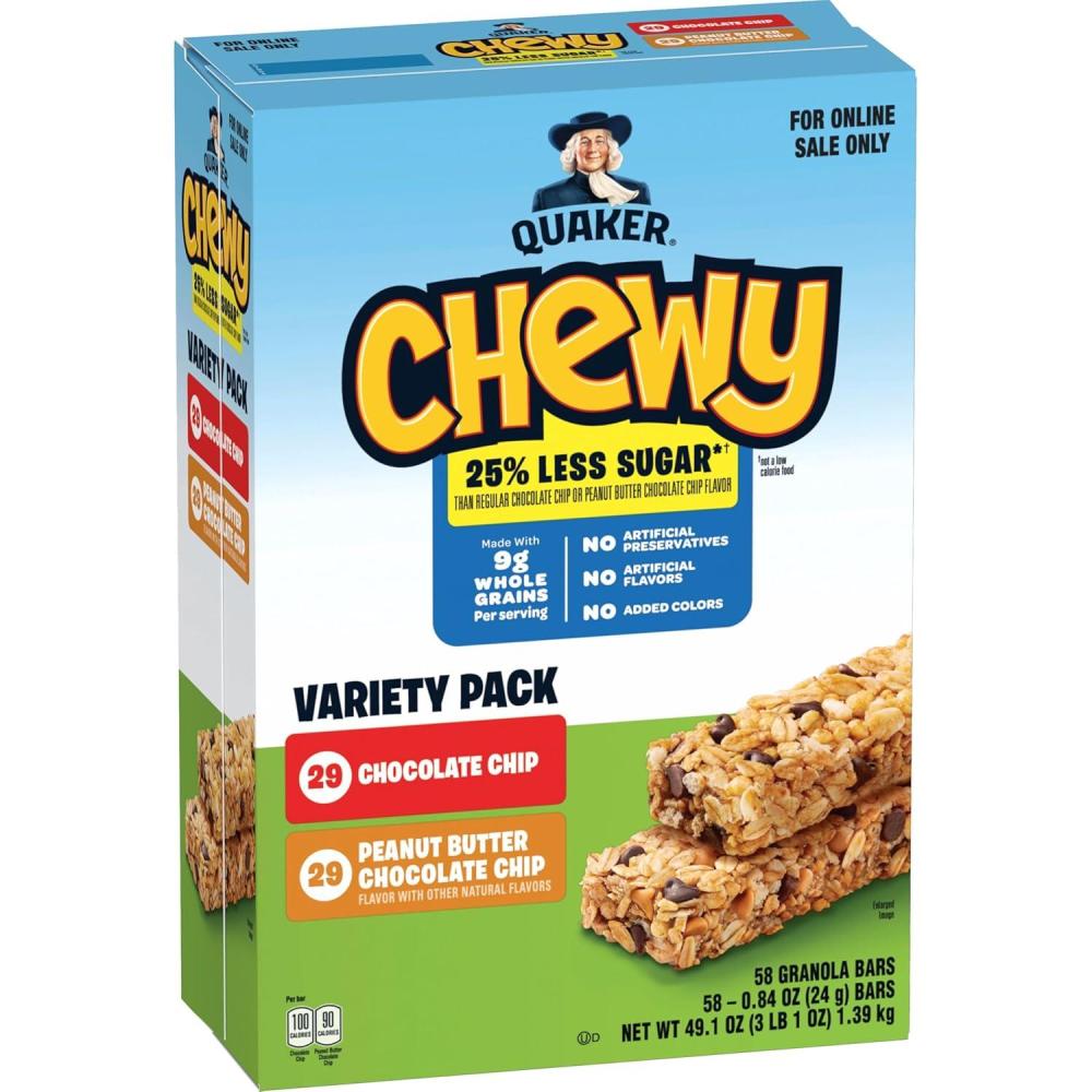 image:imageQuaker Chewy Granola Bars Peanut Butter Chocolate Chip 58 CountLess Sugar 2 Flavor Variety Pack 58ct