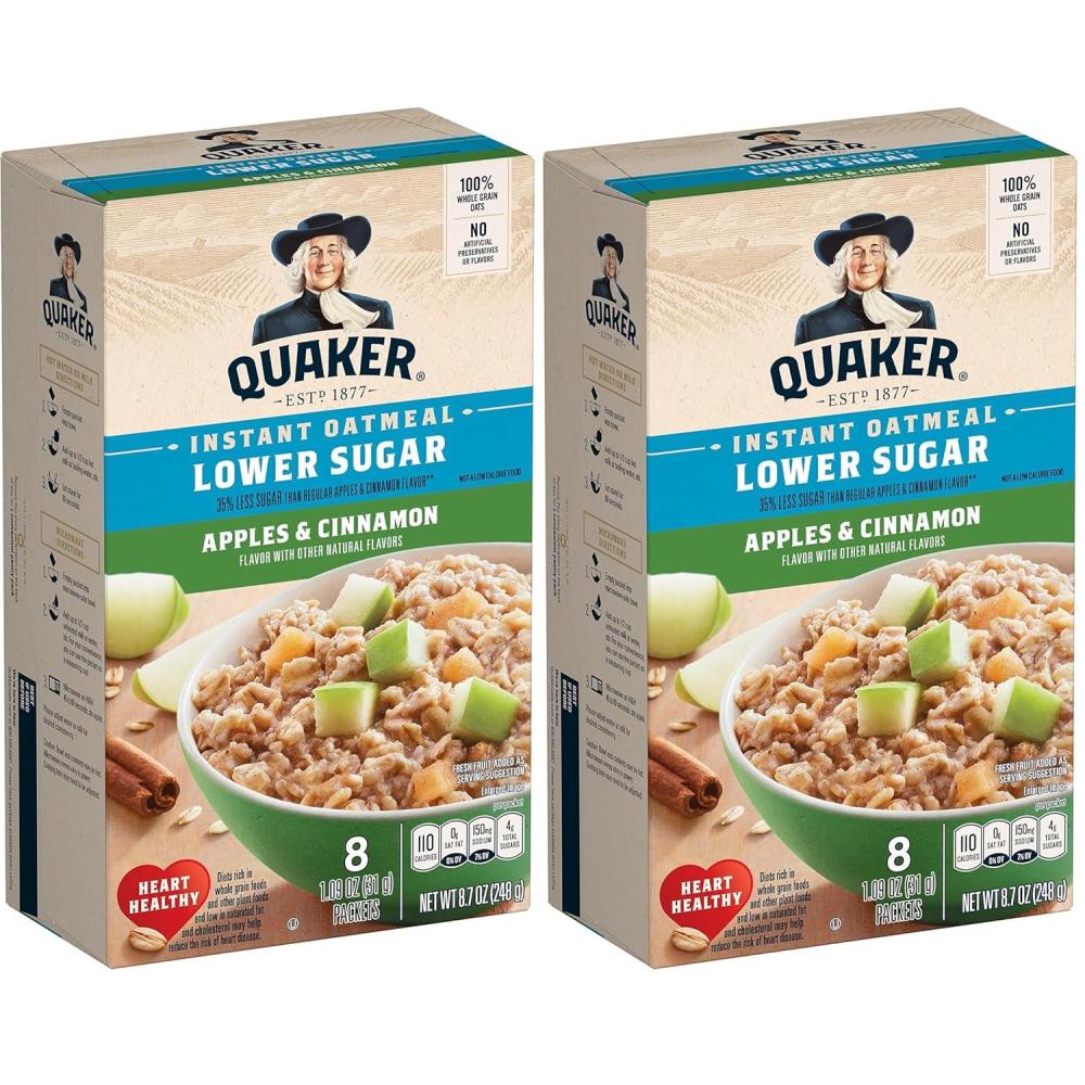 image:imageQuaker Instant Oatmeal Apple Cinnamon Lower Sugar 8 Count87 Ounce Pack of 2