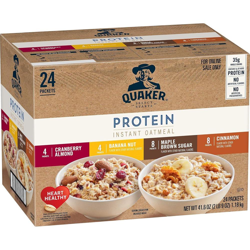 image:imageQuaker Protein Instant Oatmeal 4 Flavor Variety Pack 12g Protein per Serving Whole Grains No Artificial Flavors No Added Colors 24 Pack