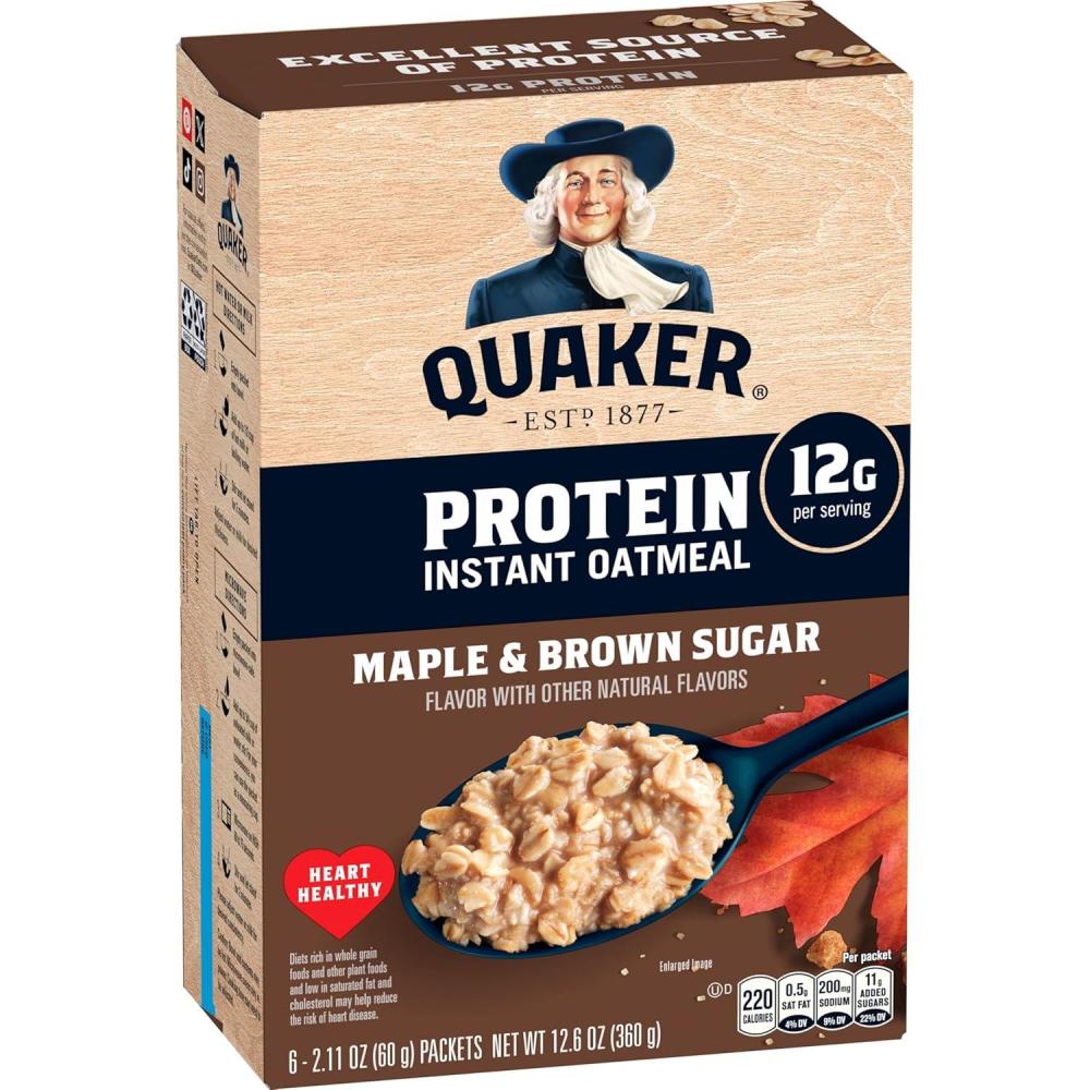 image:imageQuaker Protein Instant Oatmeal Maple Brown Sugar 12g Protein per Serving Whole Grains No Artificial Flavors No Added Colors 211 oz Packets 6 Pack
