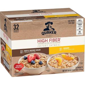 QUAKER Instant Oatmeal, USDA Organic, Non-GMO Project Verified, 3 Flavor Variety Pack, Individual Packets, 32 Count (Pack of 1)(High Fiber 2 Flavor Variety Pack)