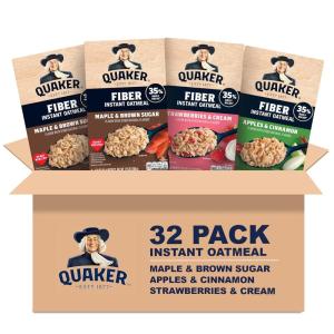 QUAKER Instant Oatmeal, USDA Organic, Non-GMO Project Verified, 3 Flavor Variety Pack, Individual Packets, 32 Count (Pack of 1)(High Fiber 3 Flavor Variety Pack)
