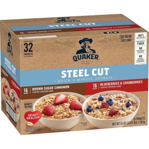 QUAKER Instant Oatmeal, USDA Organic, Non-GMO Project Verified, 3 Flavor Variety Pack, Individual Packets, 32 Count (Pack of 1)(Steel Cut 2 Flavor Variety Pack)