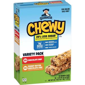 Quaker Chewy Granola Bars, Peanut Butter Chocolate Chip, 58 Count(Less Sugar 2 Flavor Variety Pack  58ct)