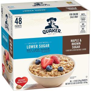 Quaker Instant Oatmeal, Lower Sugar Maple and Brown Sugar, Individual Packets, 1.19 Ounce (Pack of 48)(Maple & Brown Sugar – Lower Sugar)