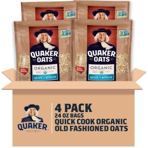 Quaker Organic Quick Cook Oatmeal, Breakfast Cereal, Non-GMO Project Verified, 24 Oz(Pack of 4)(Organic Quick Cook Oats)