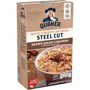 Quaker Steel Cut Oats, Quick 3-minute Oatmeal, Cranberries and Blueberries, Breakfast Cereal, 8 Packets Per Box (Pack of 6 Boxes)(Brown Sugar & Cinnamon)