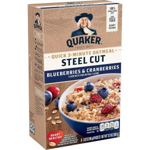 Quaker Steel Cut Oats, Quick 3-minute Oatmeal, Cranberries and Blueberries, Breakfast Cereal, 8 Packets Per Box (Pack of 6 Boxes)(Cranberries & Blueberries)